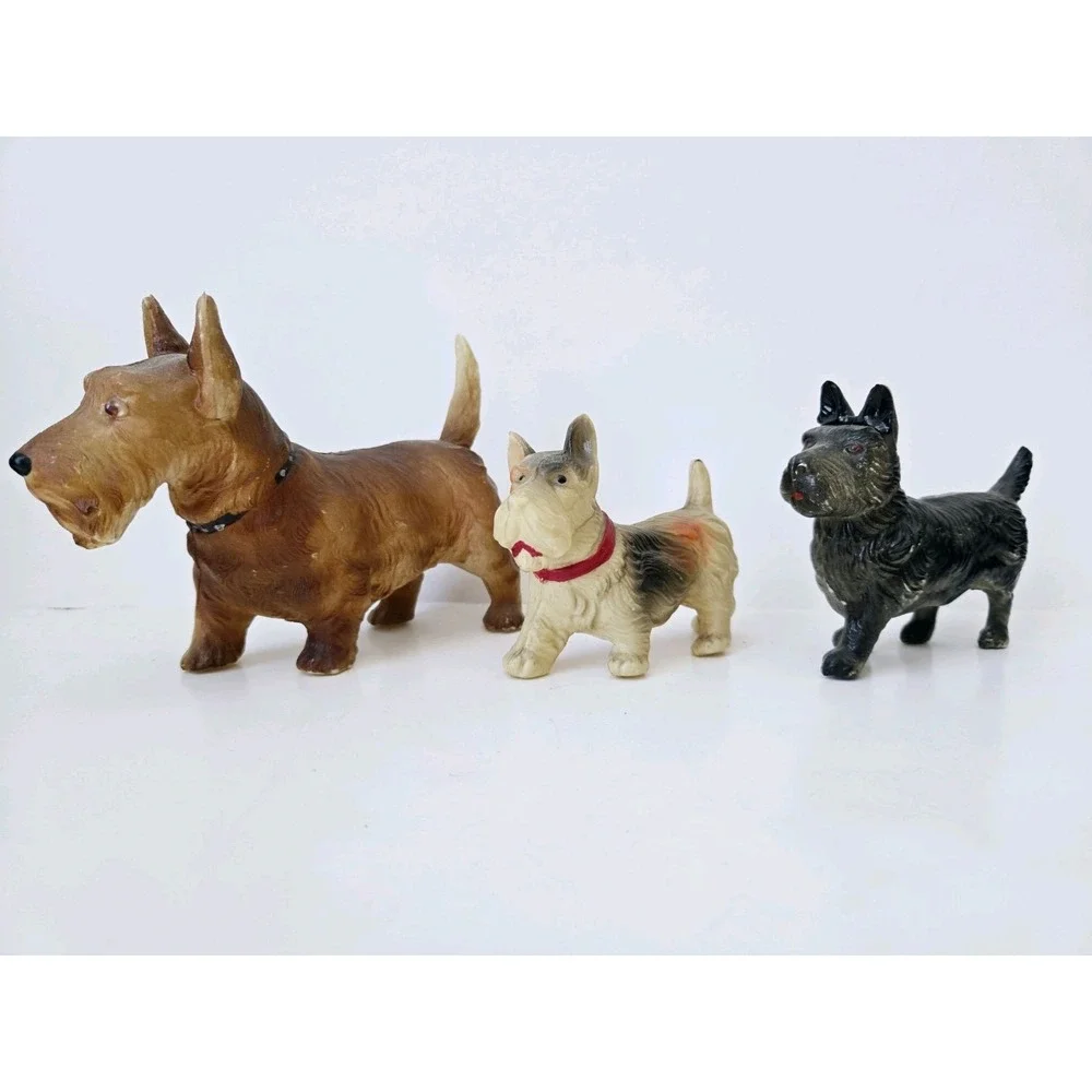 Vintage cellulouid Scottie dog toy doll teddy bear companion lot of 3